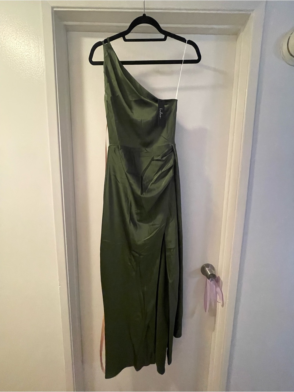 Lulus Signature Elegance Olive Green Satin One-shoulder Maxi Dress - Size S - Picture 2 of 3